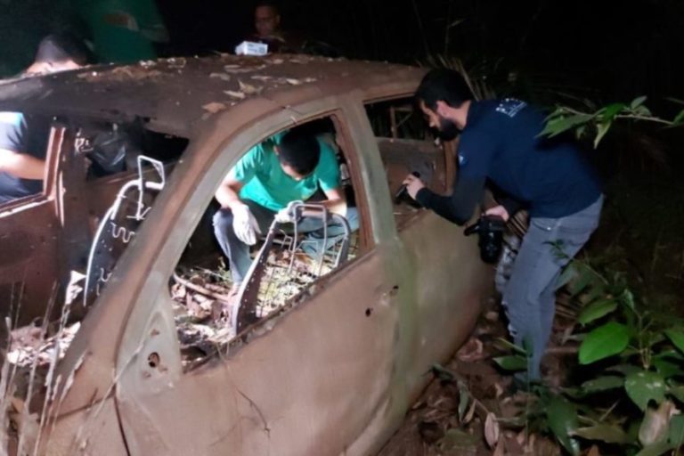 Ossada humana é encontrada em Hilux incendiada na mata