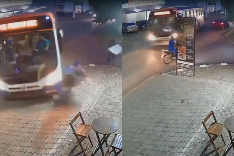 VEJA O VÍDEO: Ônibus perde direção, atinge motociclista e invade calçada