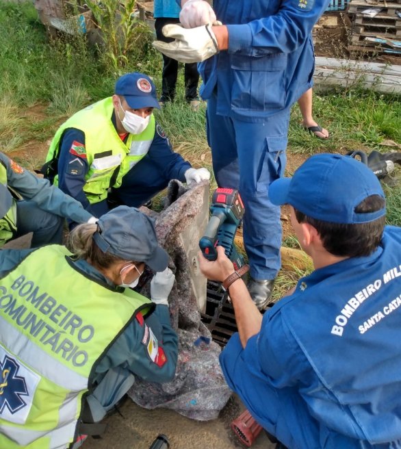 Criança pisa em vão de bueiro e fica presa por uma das pernas