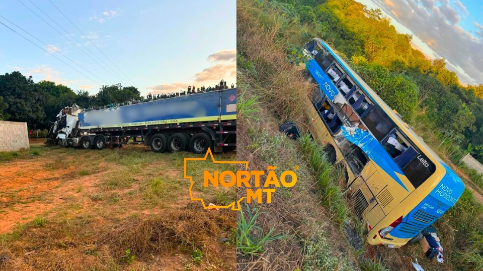 Batida entre ônibus e carreta deixam 14 feridos na BR-163 em Sorriso