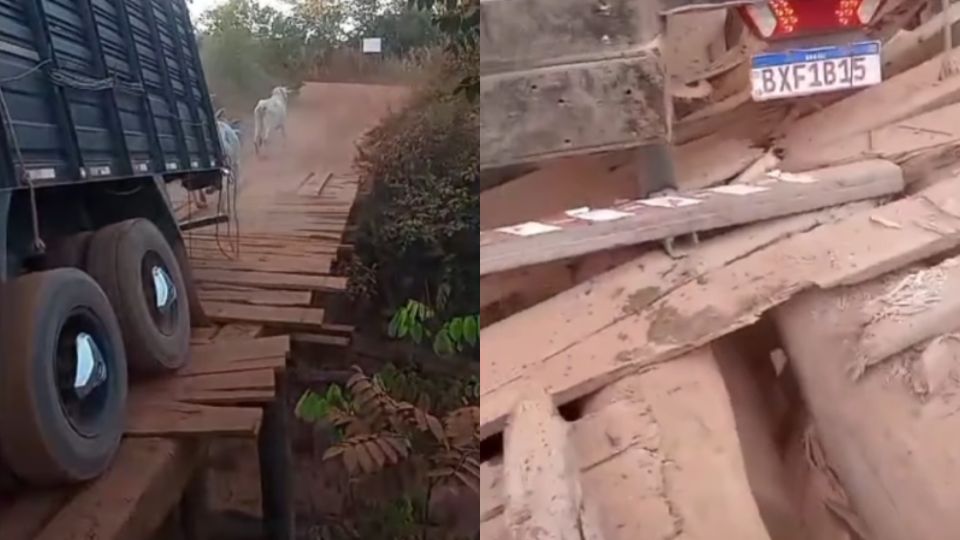 Ponte de madeira desaba e caminhão boiadeiro fica preso no interior de MT