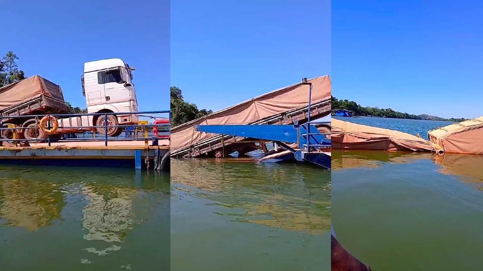 Vagões de carreta com milho caem de balsa no Rio Teles Pires