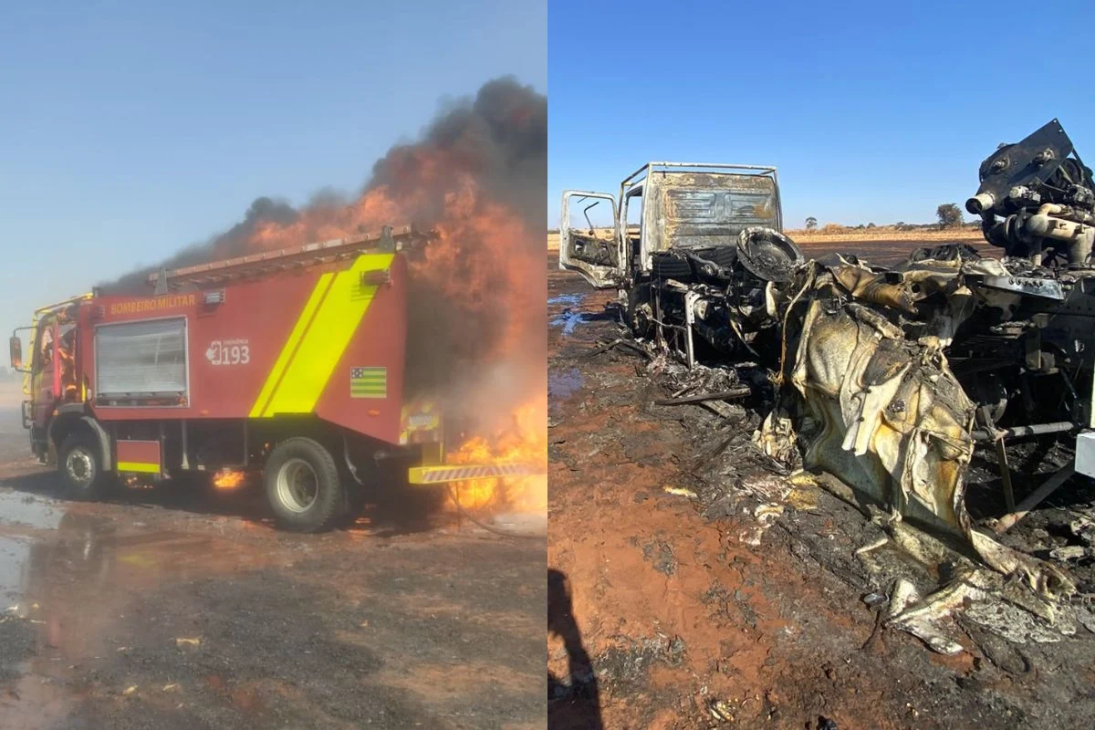 Bombeiro é socorrido em estado grave após caminhão dos bombeiros pegar fogo durante combate a incêndio