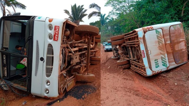 Ônibus tomba com 26 passageiros após desviar de caminhonete em estrada em MT