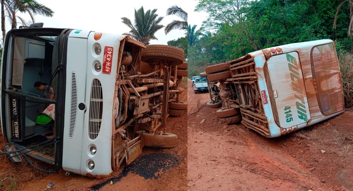 Ônibus tomba com 26 passageiros após desviar de caminhonete em estrada em MT