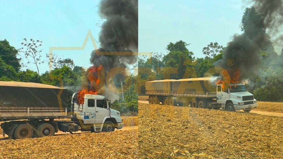 Carreta pega fogo em fazenda próximo à MT-242 entre Sorriso e Nova Ubiratã