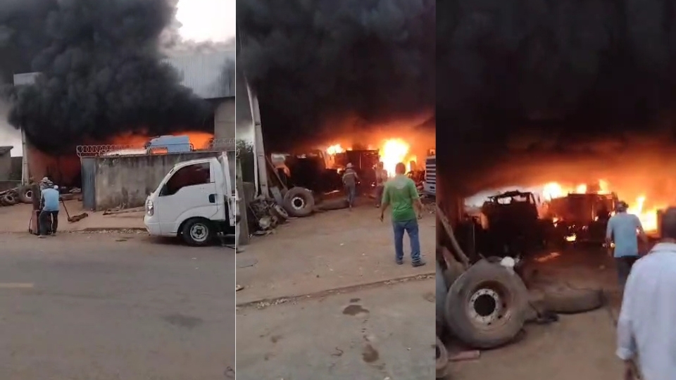 Incêndio destrói oficina mecânica e caminhão que estava em manutenção em Sorriso