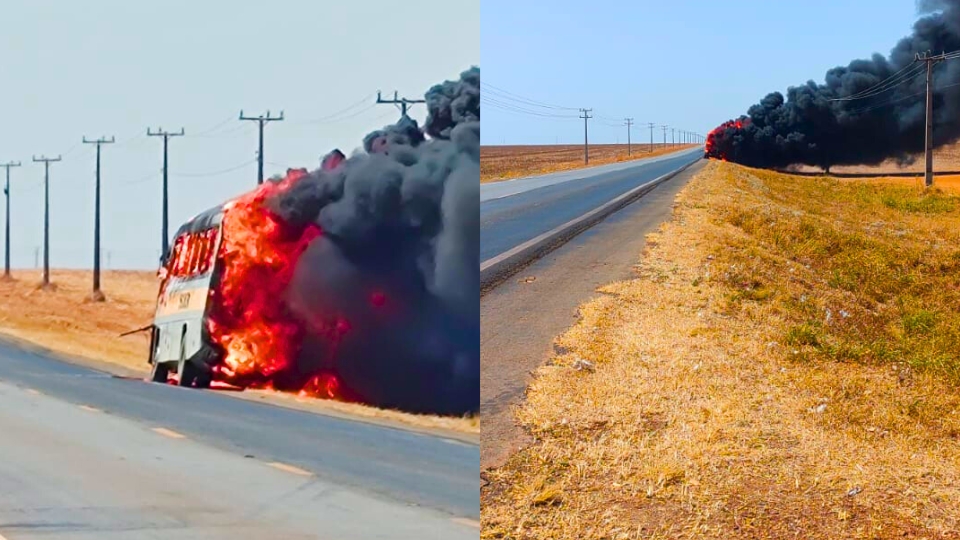 Ônibus escolar pega fogo e fica completamente destruído na MT-242 em Sorriso