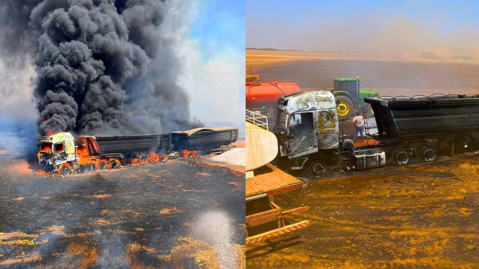 Carreta fica totalmente destruída após pegar fogo em lavoura em Sorriso