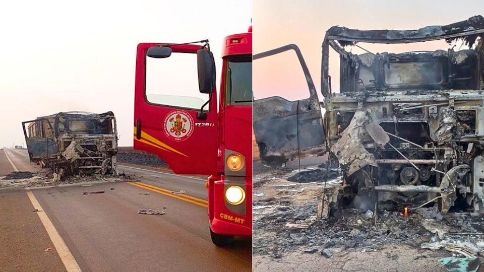 Dois caminhões são consumidos pelo fogo na MT-235 em MT