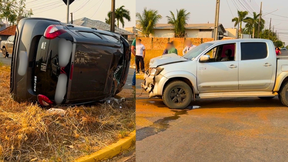 Carro de aplicativo tomba após forte impacto com caminhonete em Sorriso; veja o vídeo