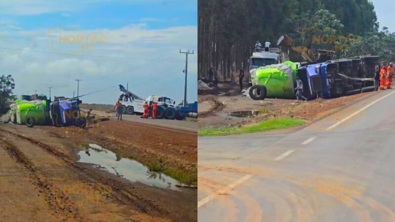 Caminhão carregado com algodão tomba no rodoanel da MT-242 em Sorriso