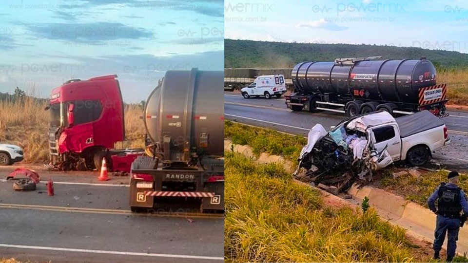 Duas pessoas morrem em grave acidente entre caminhonete e carreta na MT-140 em Santa Rita do Trivelato