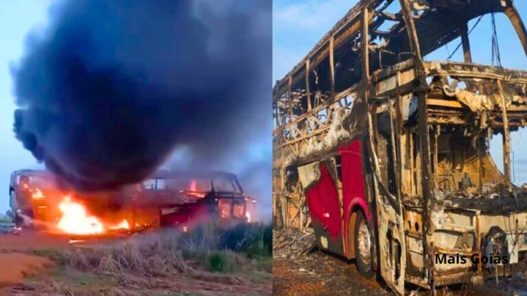 Ônibus que saiu de Mato Grosso com 32 passageiros pega fogo em GO