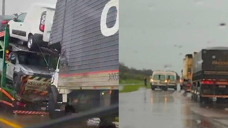 Engavetamento entre carretas e caminhão na BR-163 em Lucas do Rio Verde deixa motorista ferido